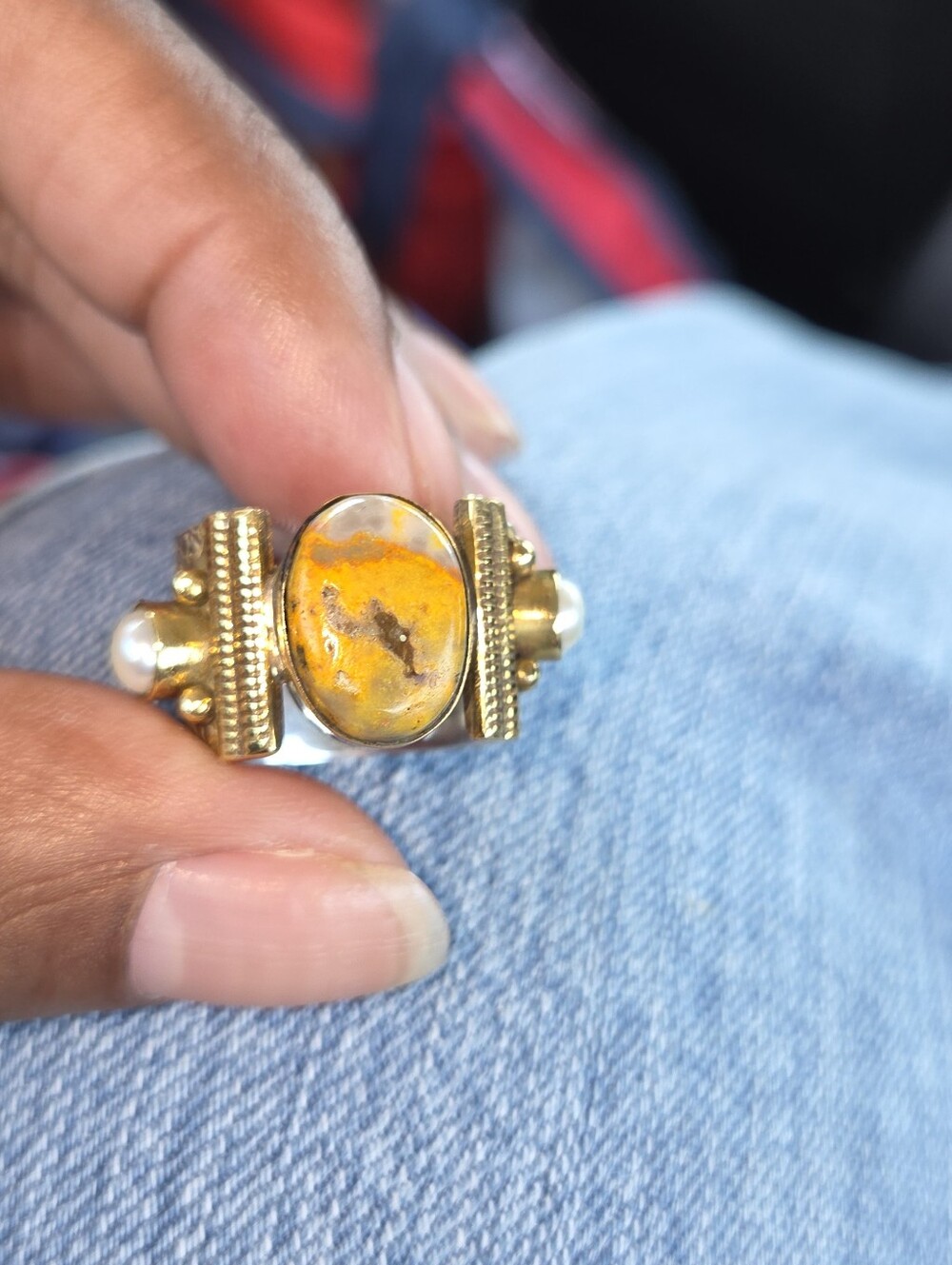 925 Ring with Yellow Jasper Cabochon and Pearl Accents